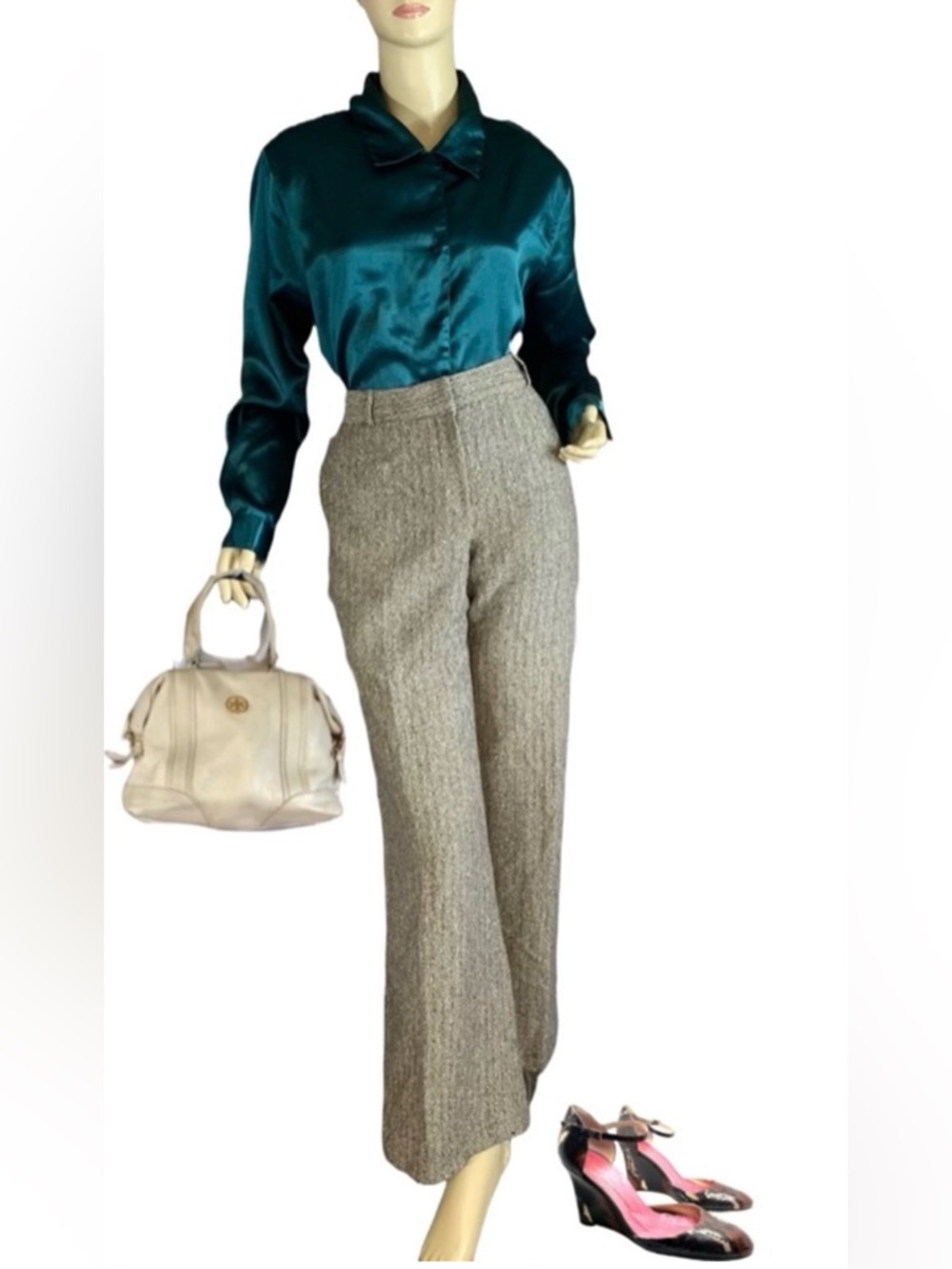 TALBOTS BROWN TWEED FLARE LEG COTTON-WOOL BLEND LINED TROUSERS (10)